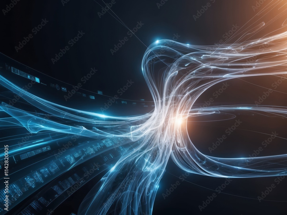 Poster abstract visualization of a phoenix-like figure with glowing light and flowing lines in a dark space