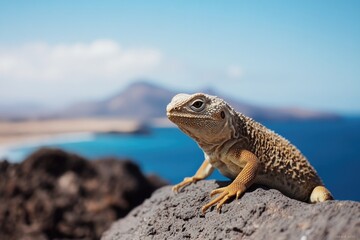 A lizard sits atop a rocky outcropping overlooking the ocean, with waves gently lapping at the shore