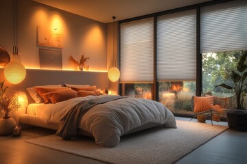 Fototapeta premium A peaceful bedroom scene with a big bed and many windows, perfect for a relaxing morning or a romantic evening