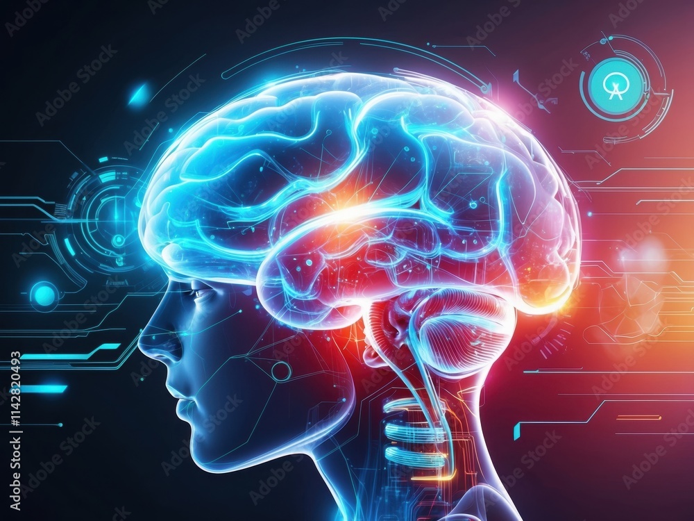 Poster artistic representation of a human brain highlighting neural connections and digital elements in a v