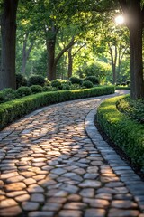 Obraz premium Sunlit cobblestone pathway through tranquil green park with tree-lined surroundings