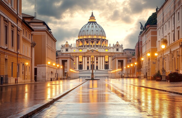 Fototapeta premium Illuminated Saint Peter's Basilica at dawn with wet reflecting cobblestone street.