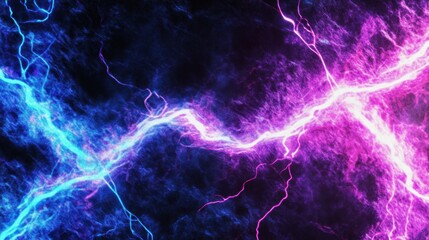Dynamic neon pink, cyan, and electric purple lightning bolts crackle and pulse across a dark, textured background, resembling a high-energy storm of electricity and raw power.