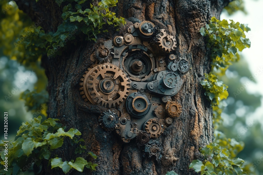 Poster a close-up view of a tree with mechanical gears attached, suitable for technology or innovation them
