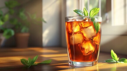 Refreshing iced tea with mint leaves, served in a glass on a wooden table, basking in gentle sunlight.