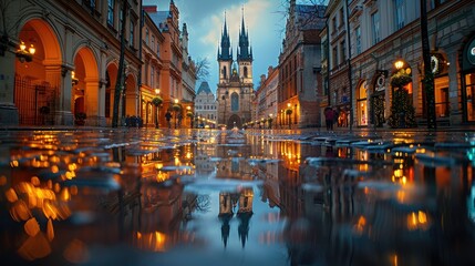 A serene cityscape reflecting in puddles after rain, showcasing historical architecture.
