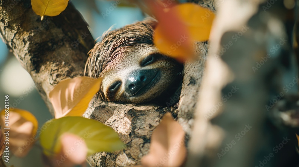 Poster A close-up view of a sloth hanging upside down from a branch