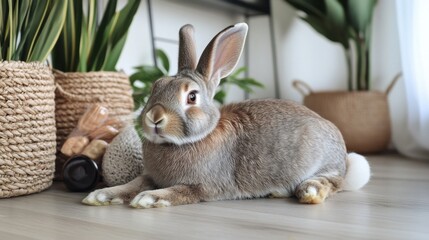 Rabbit resting on light wooden floor with subtle decor