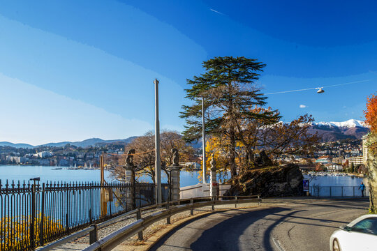 Awe  view on Lugano and lake Lugano from auto road - soon begin Olive trail