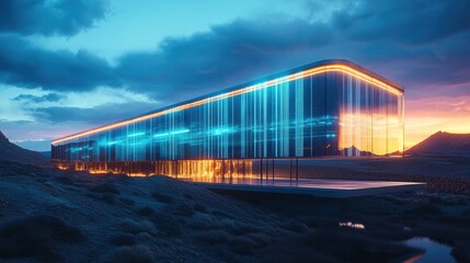Obraz premium Futuristic glass building with neon lights at sunset in a desert landscape