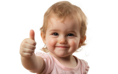 Cute toddler giving a thumbs up on transparent or white background,png