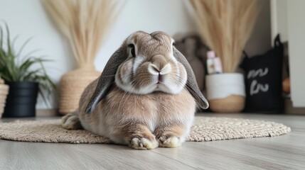 Rabbit resting on light wooden floor with subtle decor