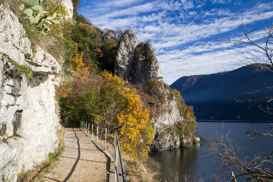 Amazing landscape with olve trail (Lugano-Gandria) and  lake Como, oand ther side of lake