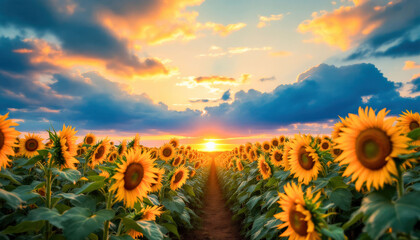 Fototapeta premium A serene sunflower field at golden hour, featuring rows of tall blooms stretching toward a vibrant sunset sky, creating a picturesque scene of nature’s beauty and tranquility. 