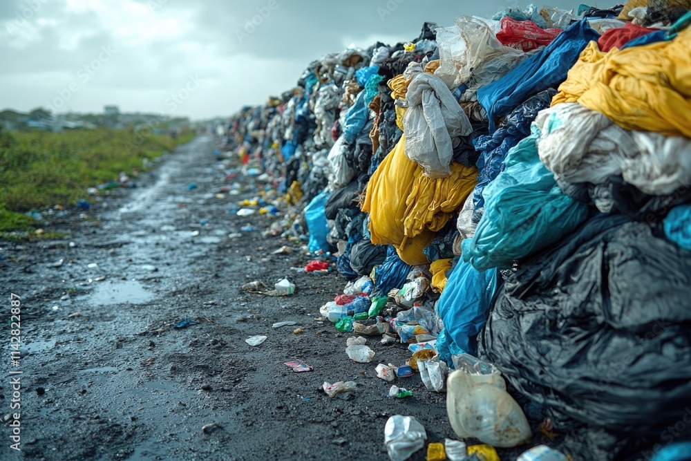 Poster a large pile of garbage sitting on the side of a road, awaiting collection or disposal