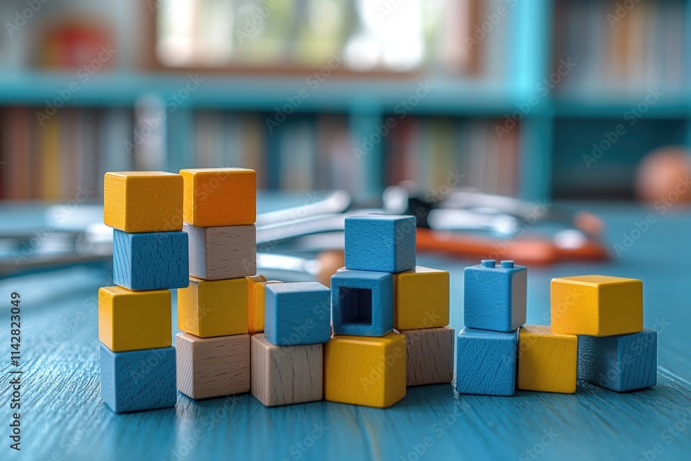 Poster a stack of wooden building blocks resting on a flat surface, ideal for educational or creative proje