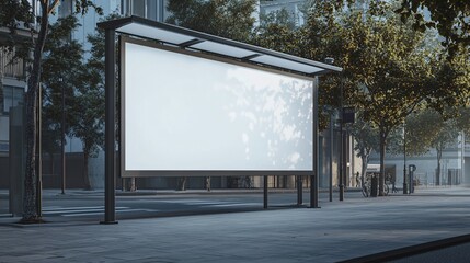 Obraz premium A modern, empty billboard in an urban setting, surrounded by trees in soft morning light.