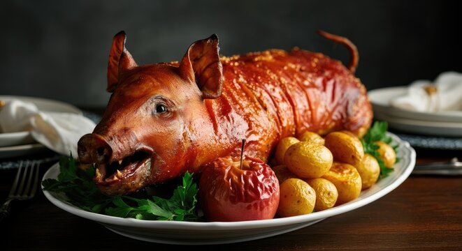 Roasted suckling pig served with potatoes and baked apple on garnished platter Traditional holiday meal