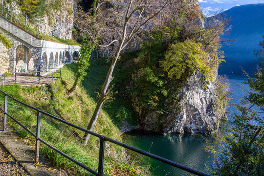 Amazing landscape with olve trail (Lugano-Gandria) and  lake Como, oand ther side of lake