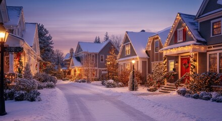 Snow-covered street with decorated houses and holiday lights at dusk