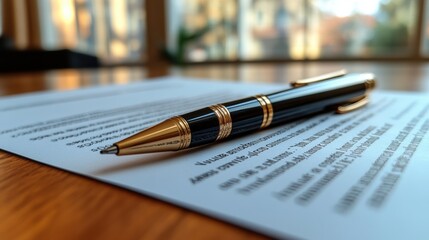 Fototapeta premium Elegant pen resting on document in sunlit office
