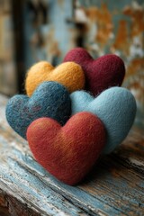 Fototapeta premium A collection of soft and cuddly wool hearts arranged on a wooden surface, perfect for decorating or crafting