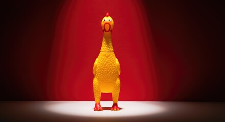 Yellow rubber chicken lit dramatically on red background