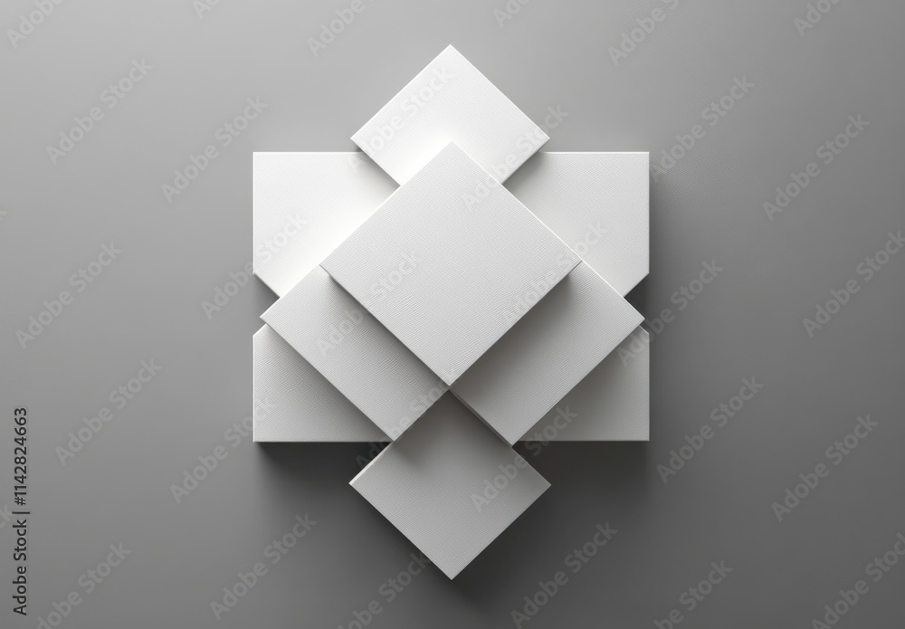 Poster abstract geometric composition of white squares arranged in a star-like pattern on a minimalist gray