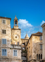 The clock tower dominating the skyline of Pjaca Square (Narodni trg), old town of Split, Croatia