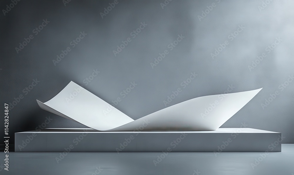 Poster abstract white sculpture showcasing dynamic forms in a minimalist gallery space with dramatic lighti