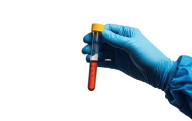 Gloved hand in a lab holds a test tube on transparent or white background,png