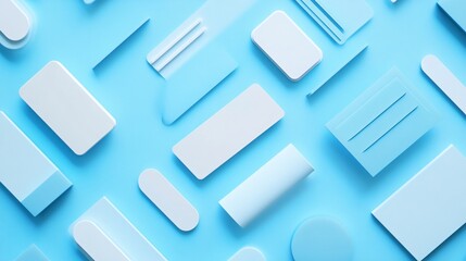 An abstract arrangement of various pastel blue and white geometric shapes on a bright blue background.