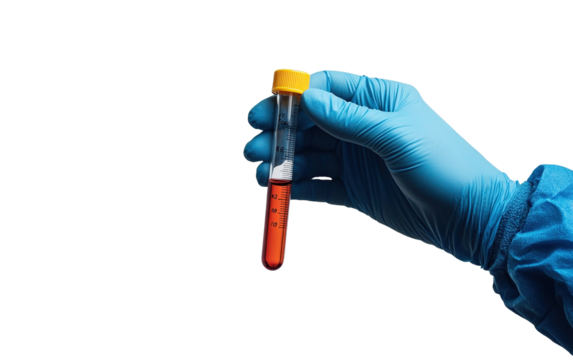 Gloved hand in a lab holds a test tube on transparent or white background,png