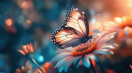 Dreamlike Butterfly on Daisy: A translucent butterfly with delicate orange and black markings rests gracefully on a vibrant daisy, bathed in soft, ethereal light.