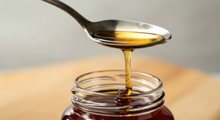 Close-up of golden syrup being poured from spoon into jar