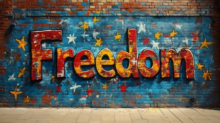 Fototapeta premium A colorful graffiti of the word freedom is painted on a brick wall