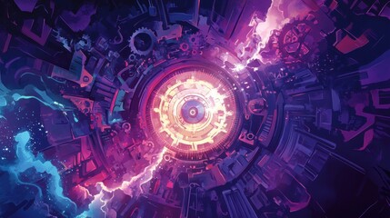 Obraz premium Cosmic Machinery: A mesmerizing abstract artwork featuring a swirling vortex of gears, circuits, and glowing energy. The vibrant hues of purple and blue create a sense of depth and mystery.