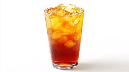 Refreshing iced tea with ice cubes, showcasing a vibrant amber color.