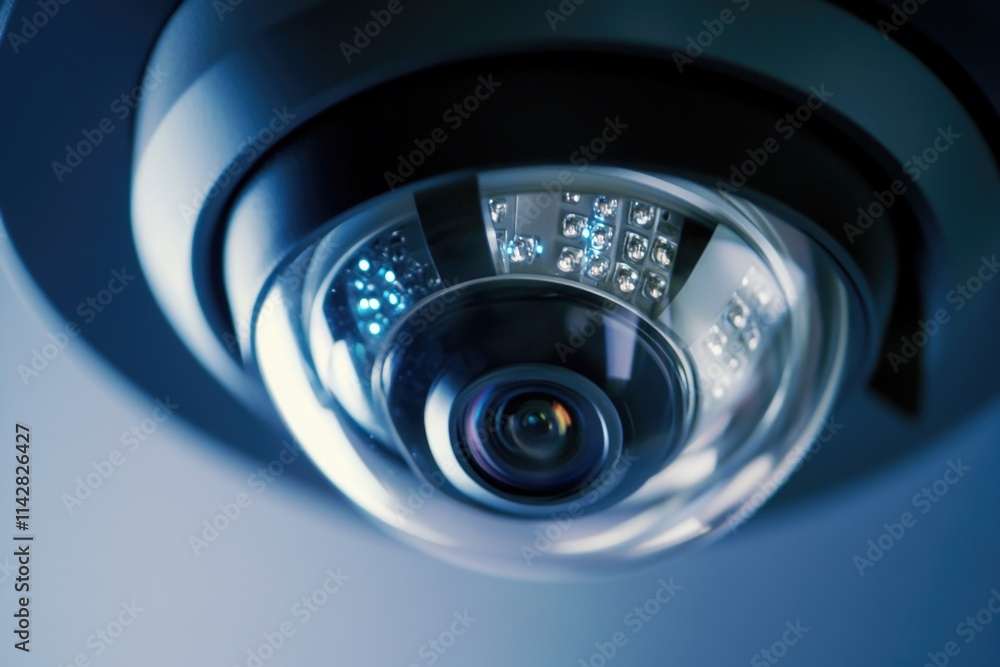 Poster a close-up view of a camera mounted on a wall, ideal for use in editorial or commercial contexts whe