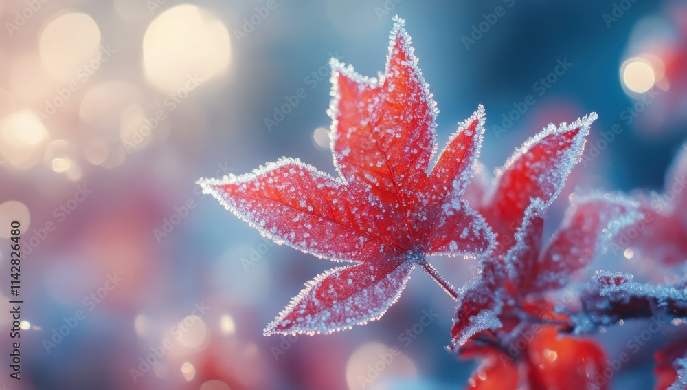 Poster captivating close-up of frosted red maple leaf surrounded by a dazzling background of glimmering blu