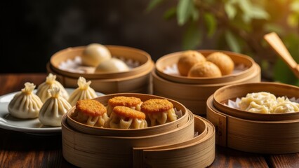 Naklejka premium Dim sum delicacies served in bamboo steamers, featuring dumplings, bao buns, and spring rolls on a rustic table