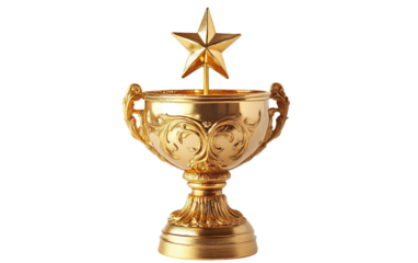 Golden trophy with a star on transparent or white background,png