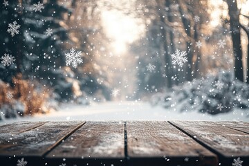 A wooden table covered with delicate snowflakes
