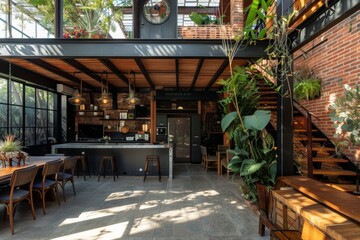 A modern loft kitchen with exposed brick walls and natural light