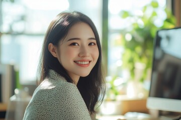 Young Happy Businesswoman working in Modern Office at the desk with computer. asian female Manager...