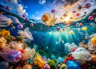 Panoramic Ocean Plastic Pollution: Jellyfish & Plastic Bag, Environmental Disaster, Marine Life Threat