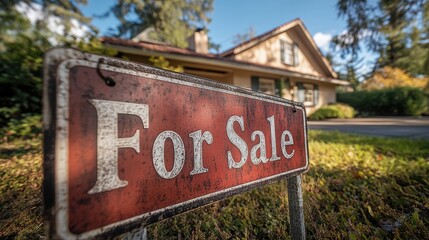 Fototapeta premium Charming home with for sale sign in lush green surroundings
