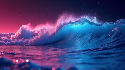 Naklejka premium A vibrant turquoise wave crashes against a dramatic pink sunset.