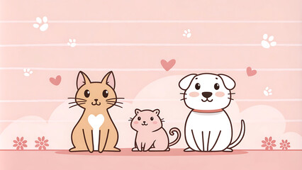 Obraz premium Adorable cartoon cat, hamster, and dog with hearts and paw prints.