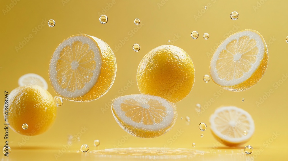 Poster vibrant yellow lemons and lemon slices floating against a bright background, creating a refreshing a